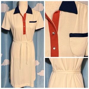 Vintage knit colorblock dress with waist tie. Cream, blue and red. Midi- S